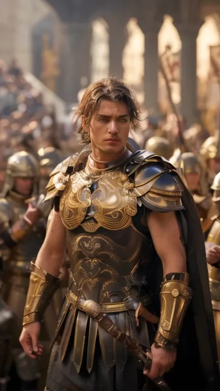 The image features a man dressed in a gold and black armor, standing in the center of a crowd. He appears to be a warrior or a leader, possibly a Roman soldier, as he is surrounded by numerous people. The man in the armor is holding a sword, which further ...