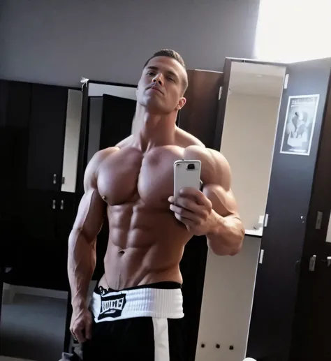 there is a man that is taking a selfie in the mirror, ernest khalimov body, lean but muscular, fairly muscular, shredded, absurdly muscular physique, lean and muscular, very muscly, fitness model, exaggerated muscle physique, very fit and extremely muscula...