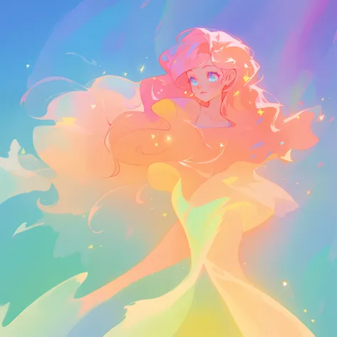 beautiful girl in colorful ballgown, long wavy peach pink hair, vibrant pastel colors, (colorful), colorful watercolor background, ethereal, magical lights, sparkling liquid light, inspired by Glen Keane, inspired by Lois van Baarle, disney art style, by L...