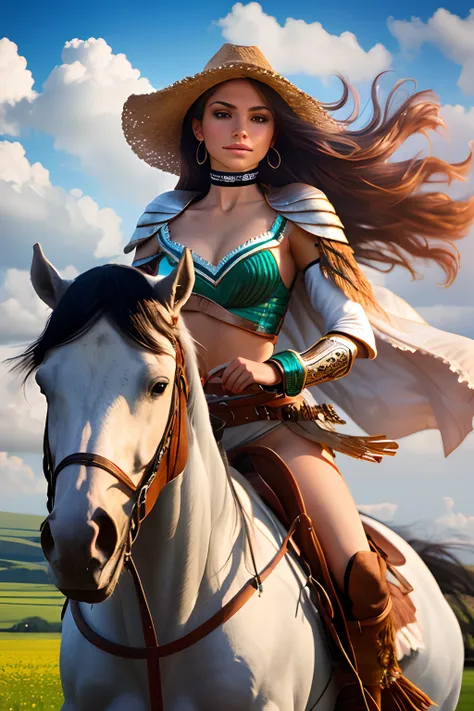 1girl, in native dress riding a white horse in a field, riding horse,warrior woman, western cowgirl,wearing chocker, cowgirl, a beautiful woman warrior, human torso on a horse body