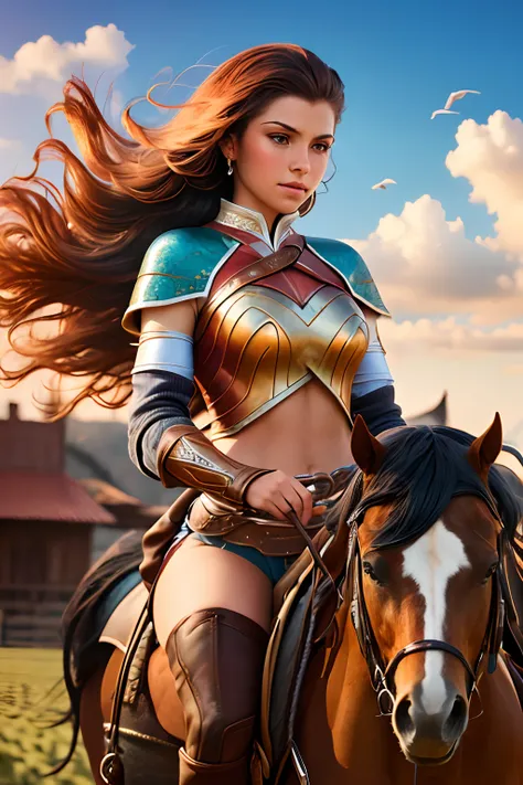 (a girl,1girl)(riding a horse,riding horse)(in a field)(wearing native dress)(warrior woman)(western cowgirl)(wearing chocker)(beautiful)(woman warrior)(human torso on a horse body)