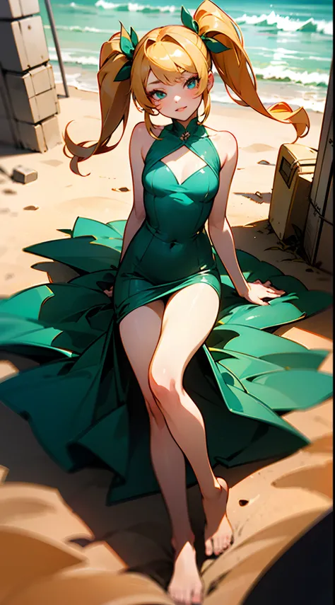 anime styled, Anime Artwork,The ultra -The high-definition,超A high resolution,wink,Clear eyes, Pretty lips, Beautiful girl with well-formed face,long eyelashes, Twin tails tied with a red ribbon,blonde  hair, A begging look, Sheer emerald green short dress...