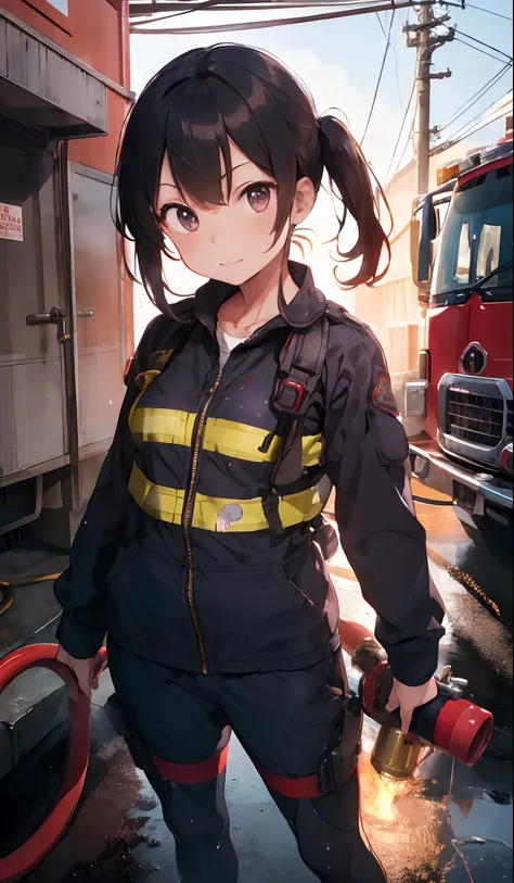 firefighter suit,Girl with a water cannon hose, Extinguish fires 4K image quality, Cinematic,,{12 year old girl},{small body and chest,}, A dark-haired,cute little, Cool, Charismatic,Fighting Fire