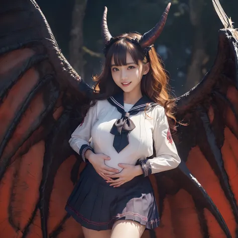 (((masutepiece、top-quality)))((1 schoolgirl、Wearing a sailor suit、School Sailor Uniform、Perfect sailor suit、Red ribbons、Navy skirt))、((Huge and intricate demon wings,Wings with a very elaborate texture,Wings with a very complex texture,Creature wings with ...