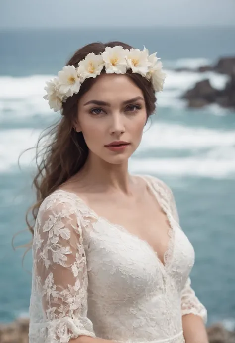 a beautiful woman in a white lace dress with a flower in her hair, surrounded by ten thin and ugly men, in an island setting, sea in the background