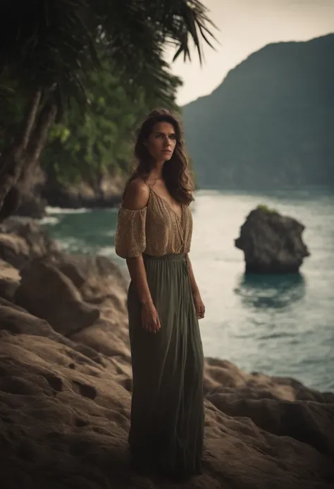 a beautiful woman surrounded by ten thin, ugly men, in an island setting, sea in the background