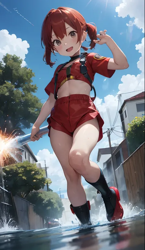 firefighter suit,Girl with water cannon hose, Water,4K picture quality, Cinematic,,{6 years old child},{small body and chest,,,,}, Red-haired,cute little, Cool, Charismatic,Fighting Fire