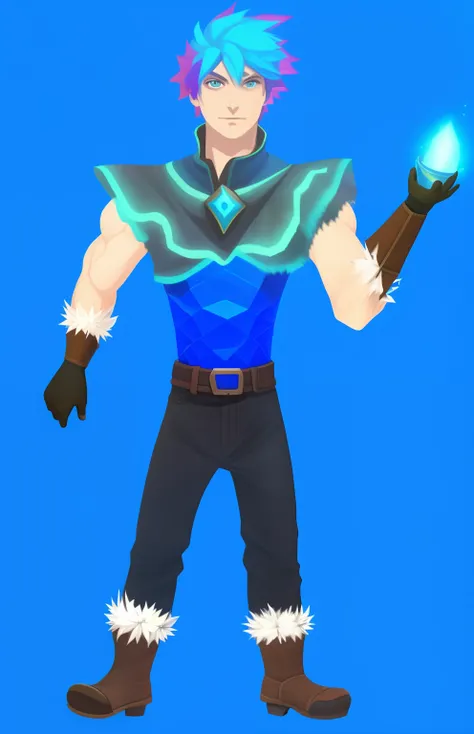 uma imagem de desenho animado de um homem com cabelo azul e uma camisa azul, mago masculino magro, Retrato completo de Electromancer, mago de gelo, este personagem tem criocinese, wearing thunder armor, armadura de cristal de gelo, com poderes de gelo, Pod...