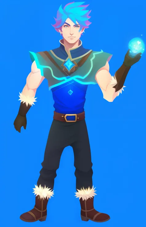 um personagem de desenho animado de um homem com cabelo azul e uma roupa azul, mago de gelo, Retrato completo de Electromancer, mago masculino magro, armadura de cristal de gelo, sem linha, pele cristalina, com poderes de gelo, t-pose of male magic wizard,...