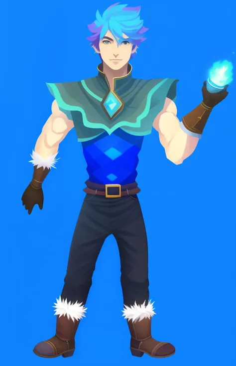 um personagem de desenho animado de um homem com cabelo azul e uma roupa azul, mago de gelo, Retrato completo de Electromancer, mago masculino magro, armadura de cristal de gelo, sem linha, pele cristalina, com poderes de gelo, t-pose of male magic wizard,...