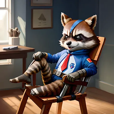 Rocket raccoon tied up to a chair