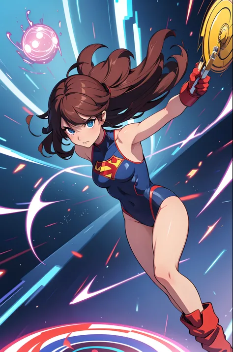 1girl, leotard, spinning, time travel, super power, superhero, spinning like a tornado, tornado, super tornado, whirlwind, twirling, super speed, bare legs, anime, super spin, standing, detailed, boots, gloves, rapid gyration