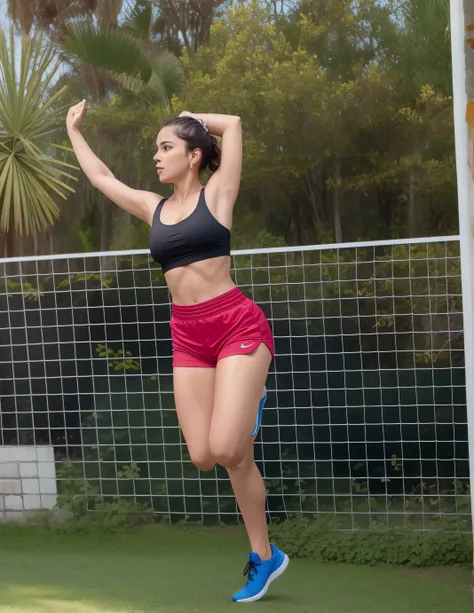 Mulher em shorts vermelhos e top preto jogando Frisbee no quintal, vestindo shorts vermelhos, agachado ao lado de uma piscina, 5 5 I, leaping with arms up, em uma pose de flutuador de salto, ela tem cerca de 50 anos, cropped vermelho yoga curto, meio - tir...