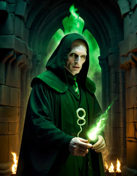 dark magic,evil sorcerer,snake-like appearance,red glowing eyes,pale complexion,wizards robe and wand,ancient castle,ominous atmosphere,green spells and curses,horcruxes hidden in secret locations,dark and sinister secret society,dramatic lighting,forebodi...