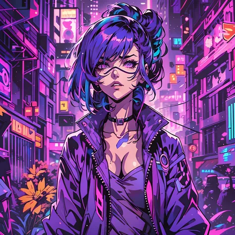 Create digital artwork in the ergo proxy Art style, Featuring a cheeky and confident woman with purple hair and straight bangs, street fashion, Movie color scheme, Surrounded by vintage 80s dark neon motifs, Vibrant brush strokes, Emotions should be dynami...