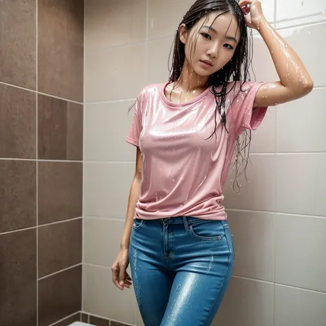 ((25 years old japanese woman)), showering, indoor, wearing ((pink t-shirt)), ((skinny jeans)), ((not looking at camera)), playful, ((random face)), (((wet hair))), ((dressed up)), ((soaked)), ((drenched)), ((dripping wet)), ((wet clothes)), ((wet bodies))...