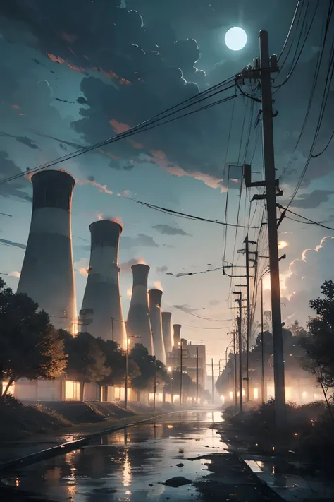 Industrial ruins of a nuclear power plant, The Broken Road, Lots of old tall brick chimneys along the road, The pipes go into the sky, Autumn Moonlit Night, There are bare trees around, Destroyed houses, Abandoned oil refinery, Black clouds in the sky, thu...