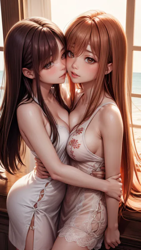 porn image,nsfw,(2girls),lesbian sex,(passionate kiss),(yuri:1.5),(ultra detailed skin),curvy,petite,beautiful breasts,large breasts,pale skin,pointy breasts,erect nipples,(Hyperrealist,(8k),ultra-realistic,high detail,high resolution,best quality,masterpi...