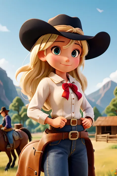 cowgirl with bow in hand blonde with hat on top of a black horse