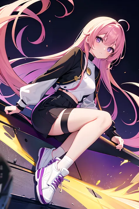 An anime girl with two eyes (one purple and one golden), golden hair with purple ombre tips on the strands, a black turtleneck, and white sneakers.