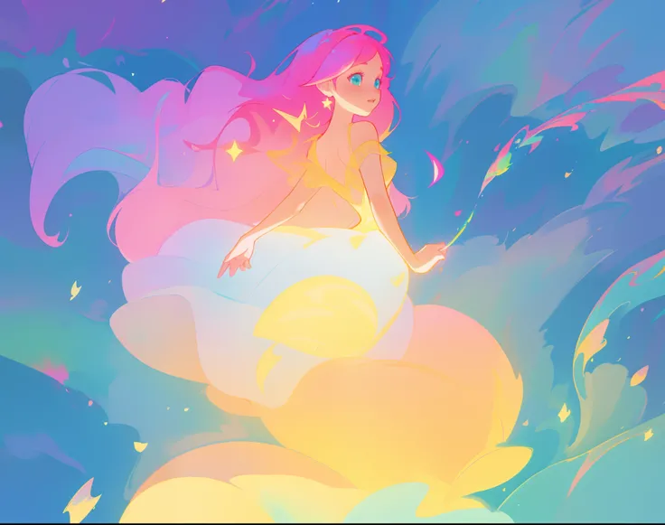 beautiful girl in flowing puffy dress, vibrant pastel colors, (colorful), magical lights, long flowing colorful pink hair, otherworldly aqua and blue otherworldly landscape background, inspired by Glen Keane, inspired by Lois van Baarle, disney art style, ...