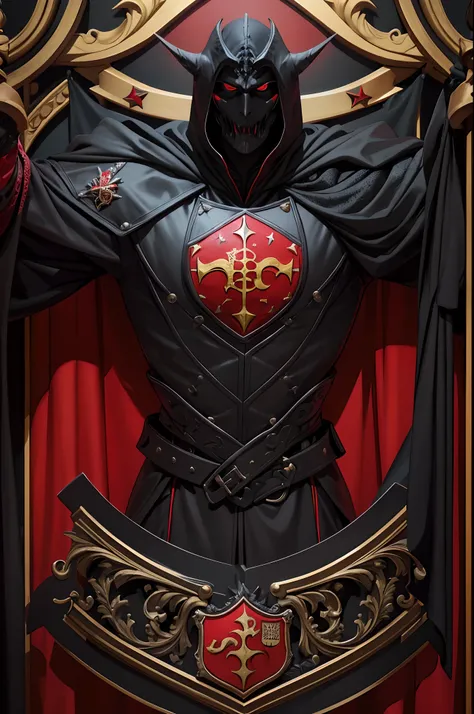 a symbol, emblema, Coat of arms representing darkness, dark, vermelho e preto, bem detalhado, bem feito e bem elaborado, bonito, representa os bruxo, representando os vampiros.