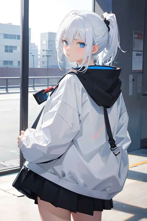 1girl, hoodie, blue eyes, white hair, pony tail, ultrasharp, short hair, 8k, looking at viewer, pretty eyes, perfect hands, mean stare