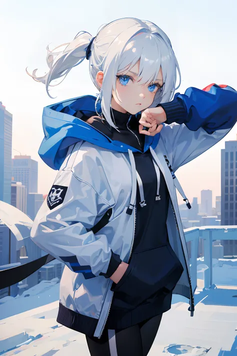 1girl, hoodie, blue eyes, white hair, pony tail, ultrasharp, short hair, 8k, looking at viewer, pretty eyes, perfect hands, mean stare