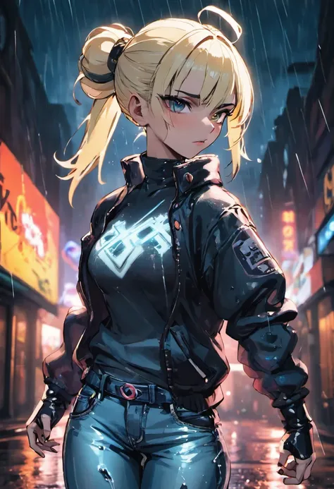 Close-up photos, Confident young cyberpunk woman with blonde and white hair in a bun, Wearing transparent jeans and jeans, On a rainy street at night, Photorealistic, Cinematic lighting