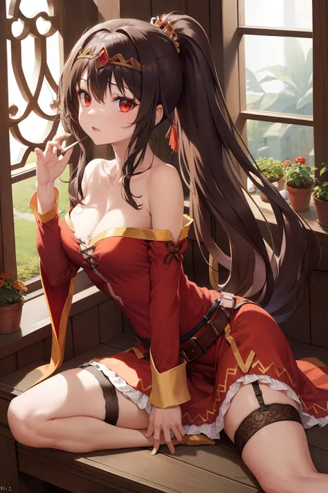 (masterpiece, best quality, high quality, high resolution: 1.4), detailed, extremely detailed, soft ambient lighting, 4K, ornate, internal, (rebirth, crop: 1.4), plants, window, 1Gril, megumin (soil: 1.4), ( megumin: 1.2), sexy cowgirl, full body, (Focus o...