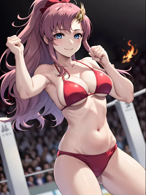 Clouds, Outdoor, fighter, hot flame theme, (masterpiece, , 4K, Best Quality, Anime style: 1.9,, Adult Woman, ultra detailed face, (cloud background, wrestling), Drawing lines, high resolution, Anime, lacus4), 1girl, Solo, curvy figure, very Long hair, 鎖骨, ...