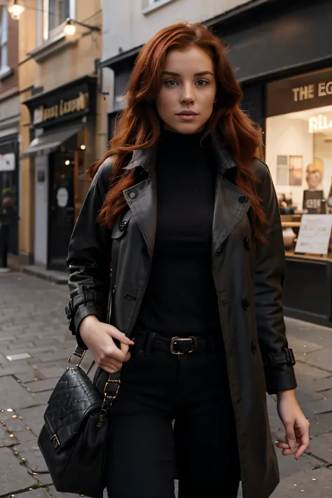 Twenty-five-years-old Irish girl, attractive body, tanned skin, red hair style. She wears a black high neck fleece, a trench coat, and black jeans.