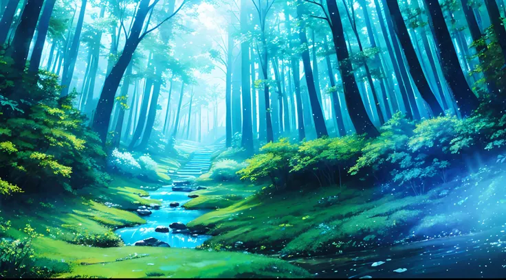 Background (anime style) magical forest, main color: light blue