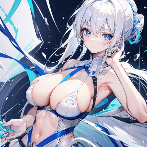 white hair, ponytail, blue eyes, cleavage, Sleeveless, open breasts, one person,  Masterpiece, hiquality, 4k, HD, Good detail