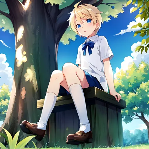 A small blonde boy with big blue eyes sitting under a tree