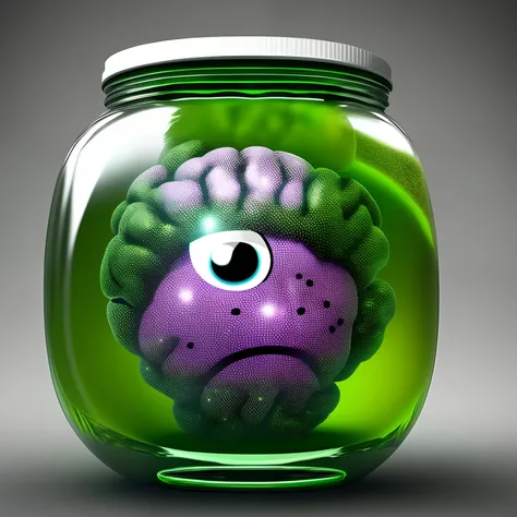 A brain with eyes floating inside a jar with a green liquid,cenario roxo,estilo realista