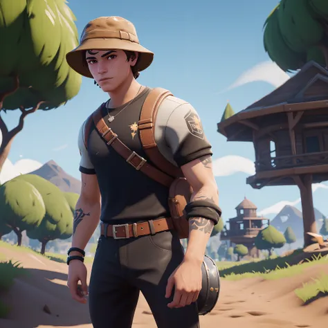 fortnite skin of 18 year old male 5’9 with brown hair and hazel eyes and bucket hat