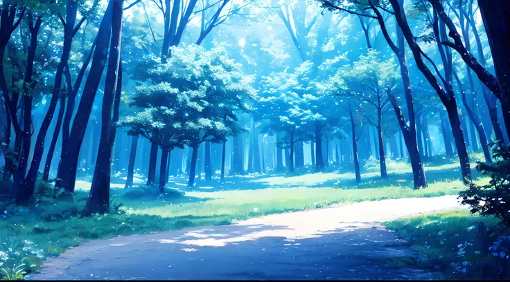 Background (anime style) magical forest, main color: light blue