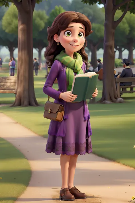 obra-prima, de melhor qualidade, A brunette woman in purple dress and green scarf, Standing in the park holding a book