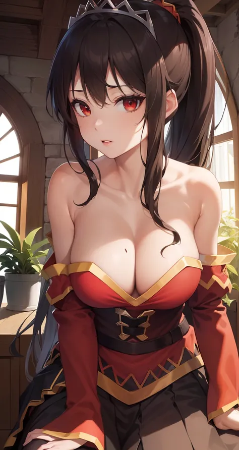 (masterpiece, best quality, high quality, high resolution: 1.4), detailed, extremely detailed, soft ambient lighting, 4K, ornate, internal, (rebirth, crop: 1.4), plants, window, 1Gril, megumin (soil: 1.4), ( megumin: 1.2), sexy cowgirl, full body, (Focus o...