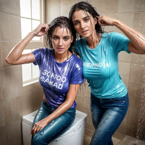 ((50 years old woman)) washes hair of ((25 years old woman)), showering, indoor, wearing ((t-shirt)), ((skinny jeans)), ((not looking at camera)), playful, ((random face)), (((wet hair))), ((dressed up)), ((soaked)), ((drenched)), ((dripping wet)), ((wet c...