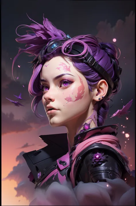 3dmm style,(masterpiece, top quality, best quality, official art, beautiful and aesthetic:1.2), (fractal art:1.3), 1girl, beautiful, high detailed, purple hair with a hint of pink, pink eyes, dark lighting, serious face, looking the sky, sky, medium shot, ...