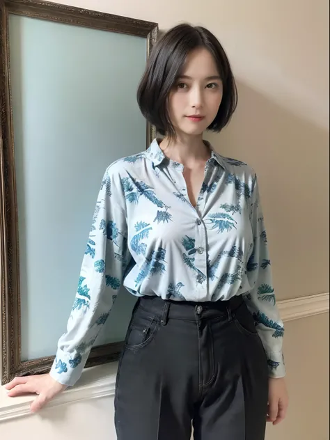 90
(a 20 yo woman,is standing), (A hyper-realistic), (masutepiece), ((short-hair:1.46)), (Smooth black hair), (Breast:1.0), wear long pants, (Wearing a dinosaur print long-sleeved shirt), (painterly、picture frame)