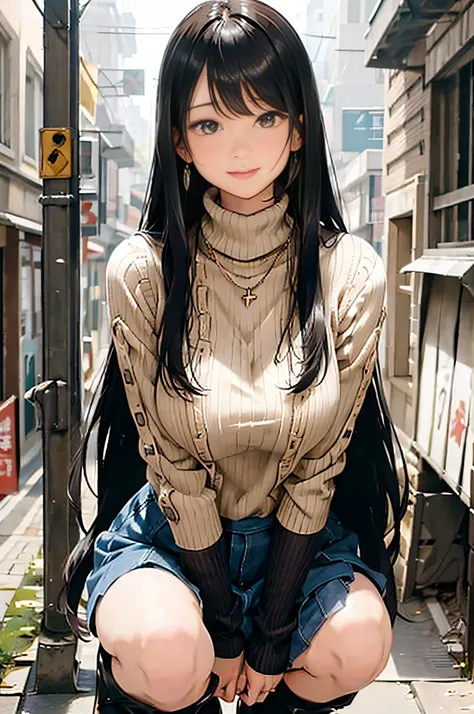 (Beige sheer turtleneck knit)、Denim Mini Skirt、20 year old girl, breasts of medium size,, Puffy nipple、Forward bends with emphasis on the chest、Black hair、Long Wave Hair,in the city street, Squat with your knees upright、a necklace、Earring、knee high stockin...