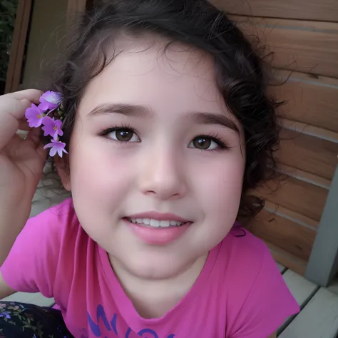 Menina com uma flor no cabelo sentada em uma varanda, flores nas bochechas do herdeiro, flor em seu cabelo, her face is a mauve flower, flor no cabelo, menina com um rosto de flor, her face looks like an orchid, flores em seus cabelos escuros, closeup of a...