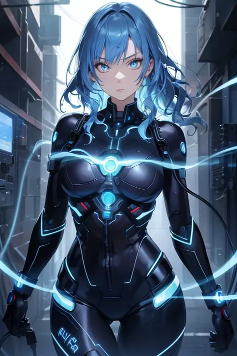 ((masutepiece)),(Best Quality),(Detailed),(1girl in),Glowing blue hair, Blue glowing eyes, Wavy Hair, body suit, android, Data Stream, cables, wires, Charging, Digital Chain, Large breasts, gazing at viewer , breast closeup