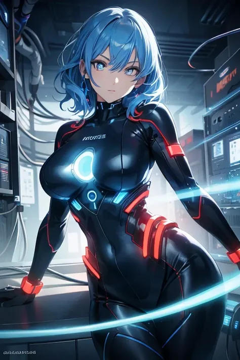 ((masutepiece)),(Best Quality),(Detailed),(1girl in),Glowing blue hair, Blue glowing eyes, Wavy Hair, body suit, android, Data Stream, cables, wires, Charging, Digital Chain, Large breasts, gazing at viewer , breast closeup