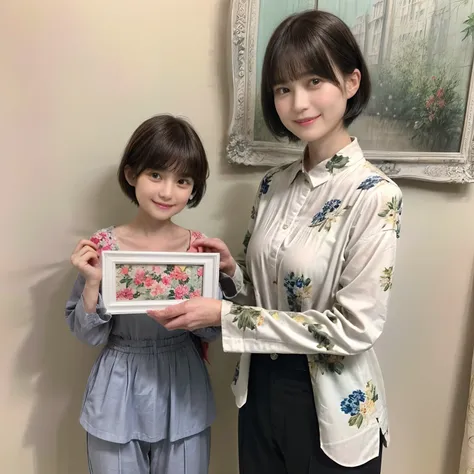 91
(a 20 yo woman,is standing), (A hyper-realistic), (masutepiece), ((short-hair:1.46)), (Smooth black hair), (Breast:1.0), wear long pants, (Wearing a long-sleeved shirt with a floral print), (painterly、picture frame), (kindly smile)