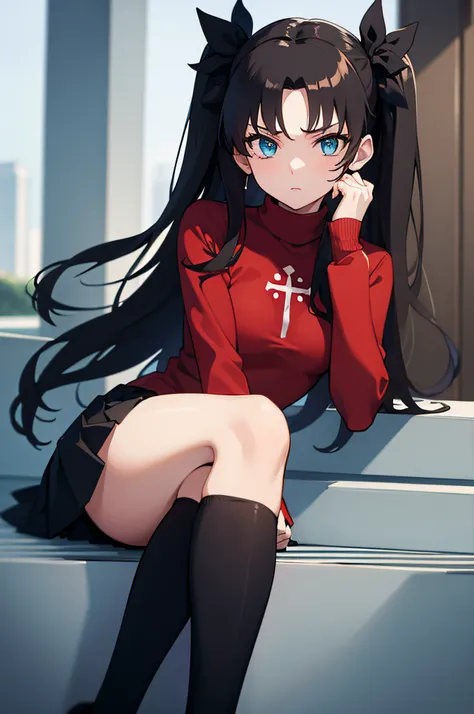 (masterpiece), best quality, expressive eyes, perfect face, 1girl, solo, rintohsaka, rin tohsaka, aqua eyes, black hair, hair ribbon, long hair, ribbon, sidelocks, two side up, black skirt, black thighhighs, long sleeves, miniskirt, pleated skirt, ((red sw...