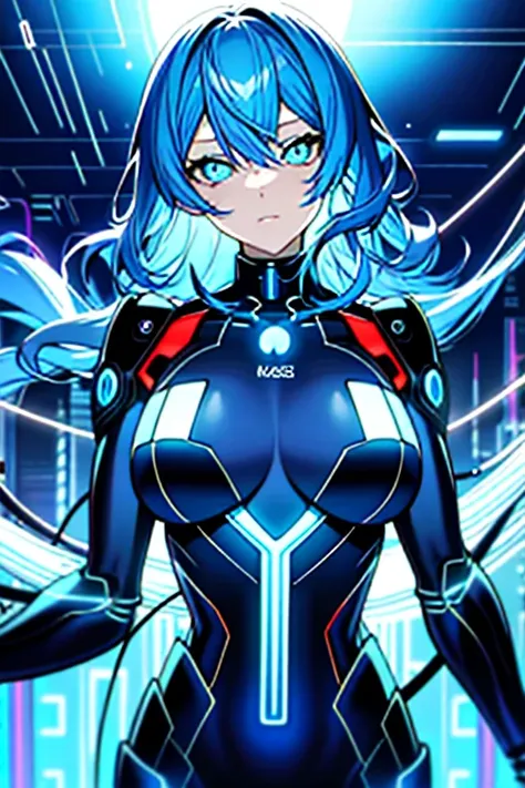 ((masutepiece)),(Best Quality),(Detailed),(1girl in),Glowing blue hair, Blue glowing eyes, Wavy Hair, body suit, android, Data Stream, cables, wires, Charging, Digital Chain, Large breasts, gazing at viewer , breast closeup